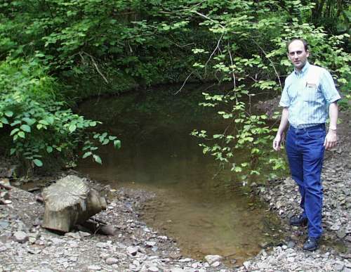 Jay G Burrup at the Mormons' baptismal pool at Nightingales Bower